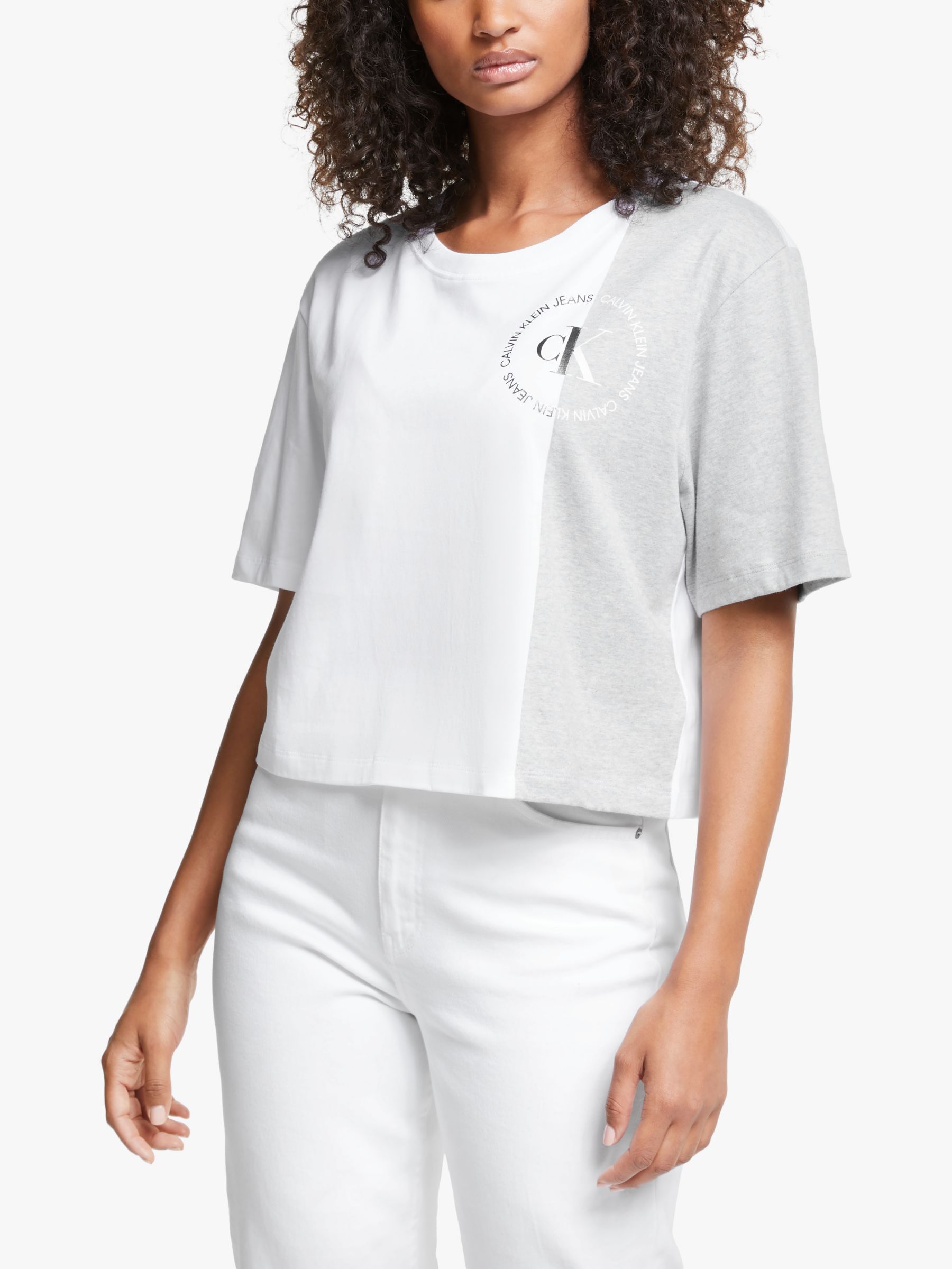 Calvin Klein Jeans Logo Colour Block T-Shirt, Light Grey Heather/White