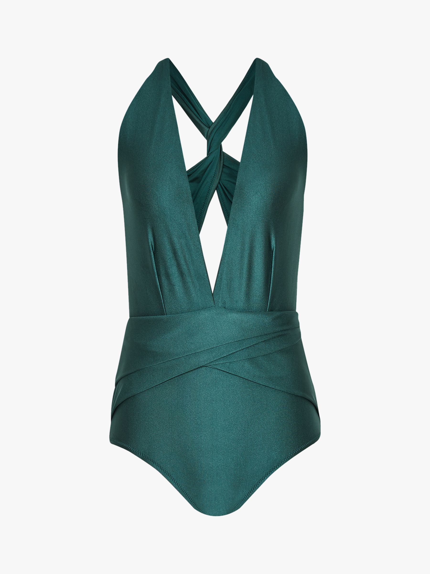 Reiss Liesel Metallic Twist Detail Halterneck Swimsuit, Green
