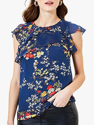 Oasis Floral Frill Top, Blue/Multi