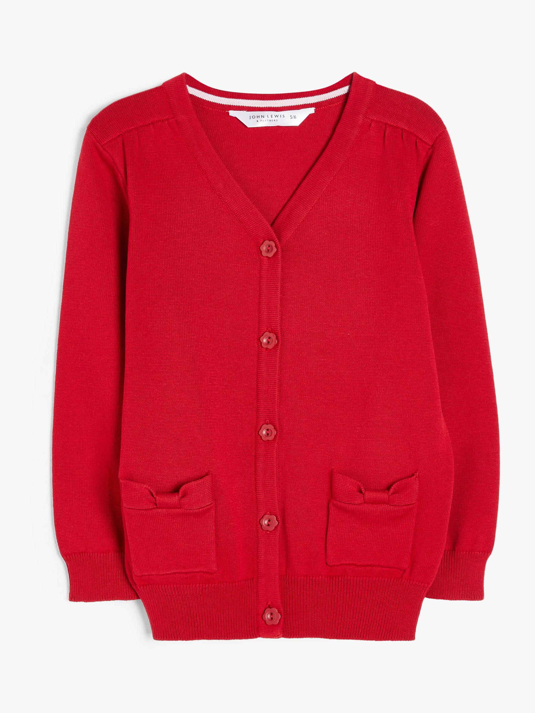 John Lewis Girls' Cotton Double Pocket Easy Care Cardigan, Red, 3-4 years
