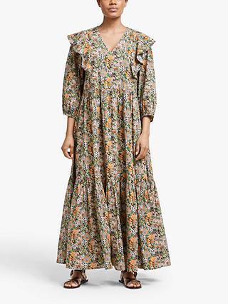 Y.A.S Florala Organic Cotton Maxi Dress, Coral Print