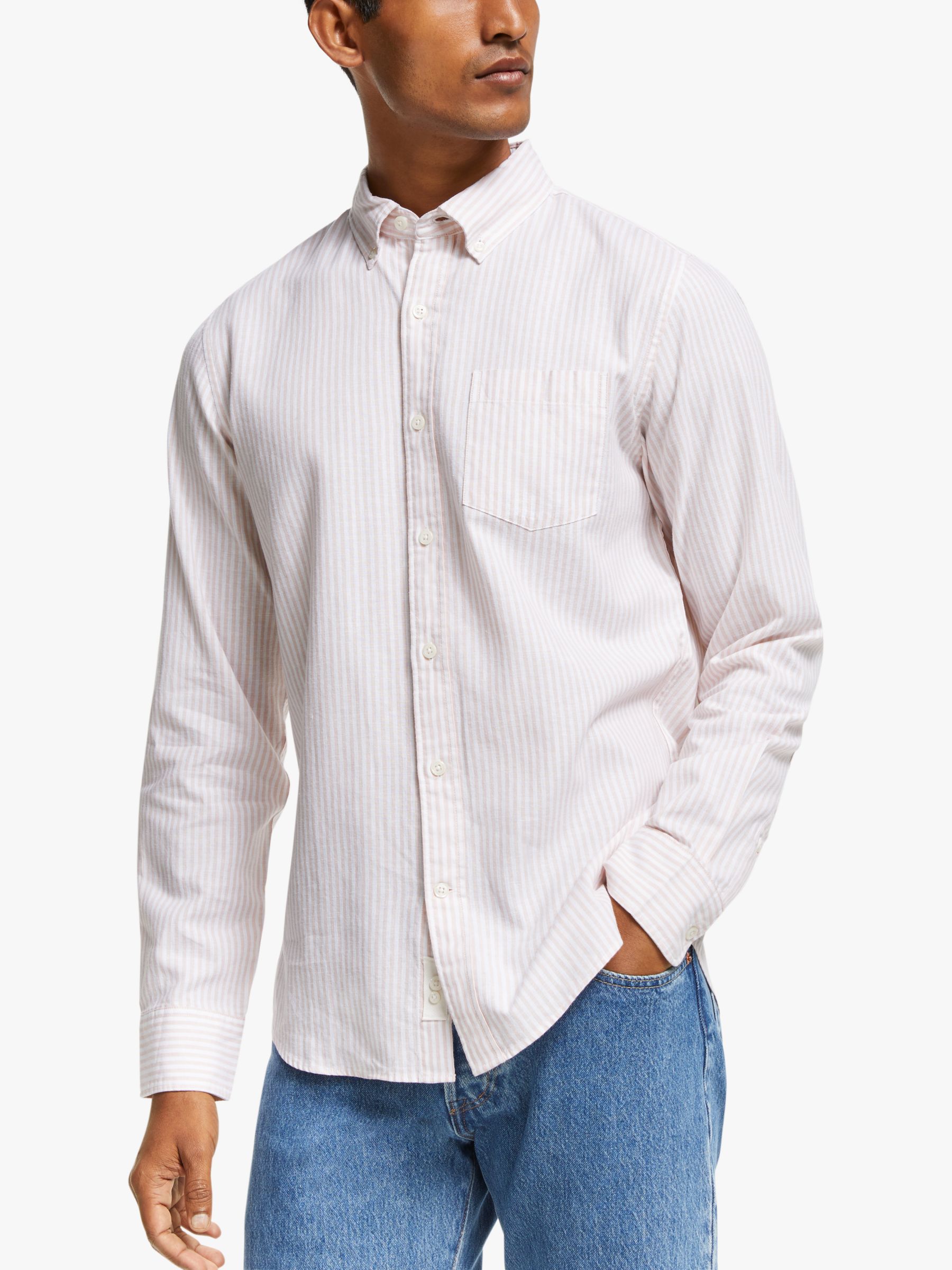 John Lewis & Partners Heather Stripe Cotton Linen Slim Fit Shirt, Rose ...