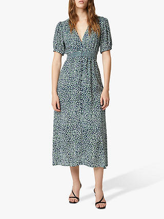 French Connection Cade Spot Print Drape Button Front Midi Dress, Forest Green/Multi