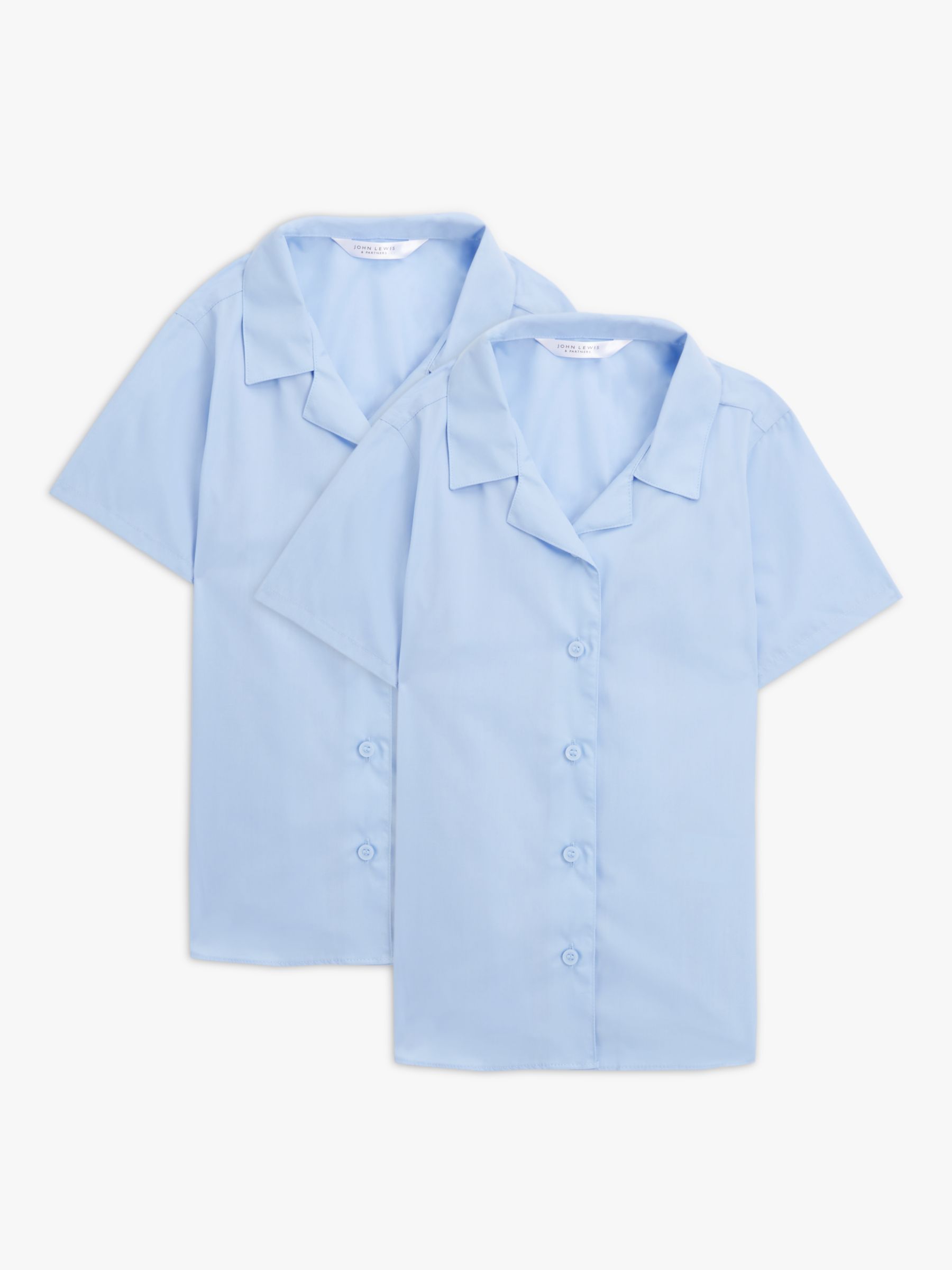 John Lewis Girls' Open Neck Short Sleeve School Blouse, Pack of 2, Blue, 4 years