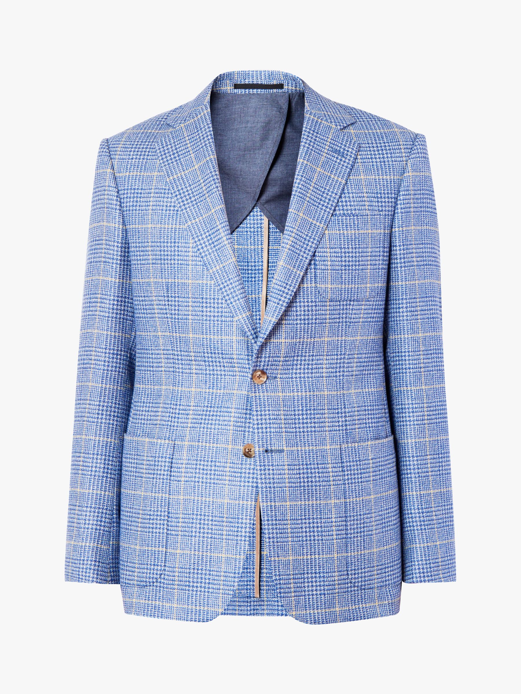 Jaeger Linen Silk Blend Overcheck Regular Fit Blazer, Light Blue