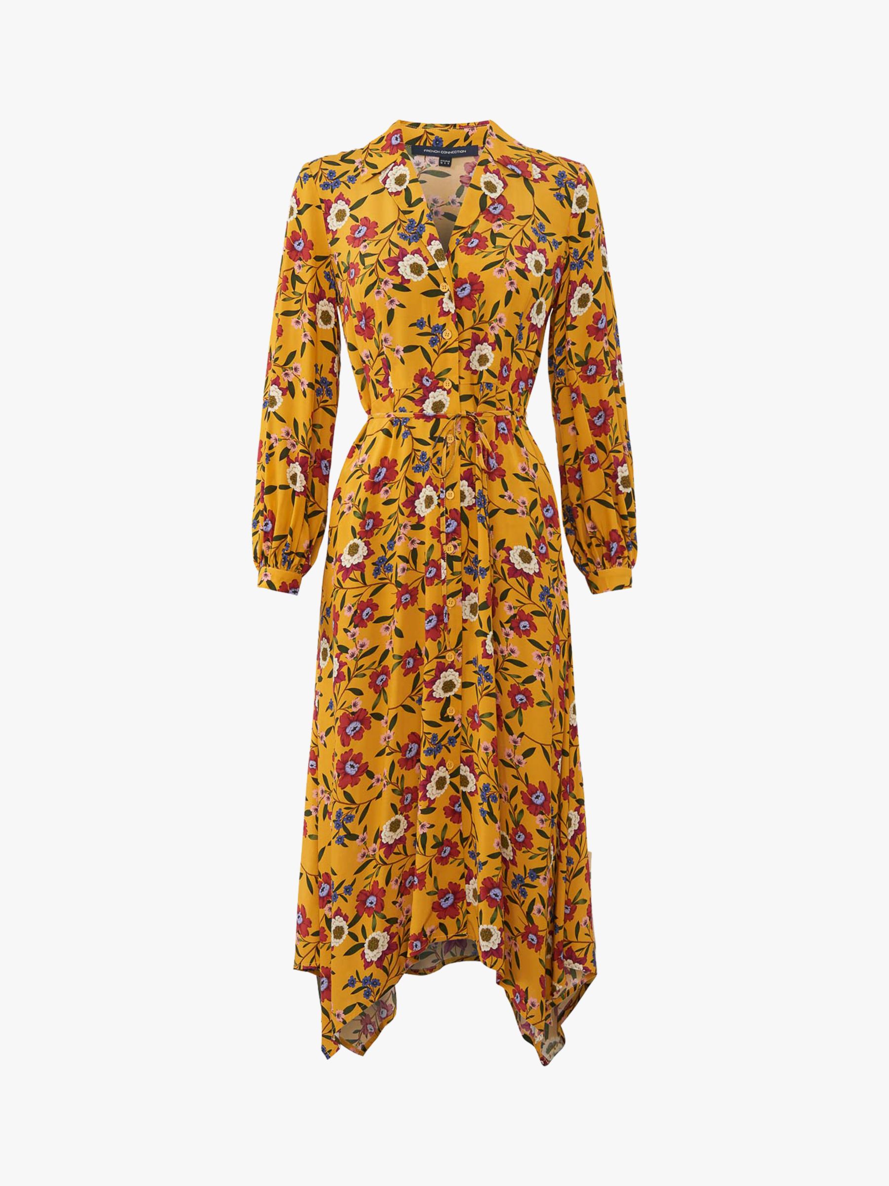 French Connection Eloise Doto Drape Floral Dress, Mustard/Multi