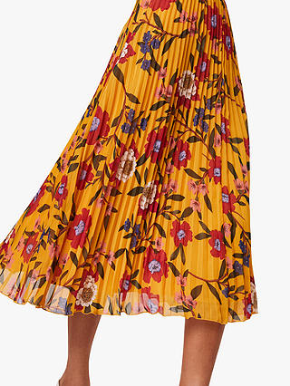 French Connection Eloise Floral Pleated Midi Skirt, Mustard Seed Yellow/Multi