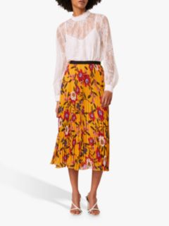 French Connection Eloise Floral Pleated Midi Skirt, Mustard Seed Yellow/Multi, 6