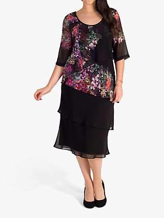 Chesca Floral Print Layered Chiffon Dress, Black/Grape