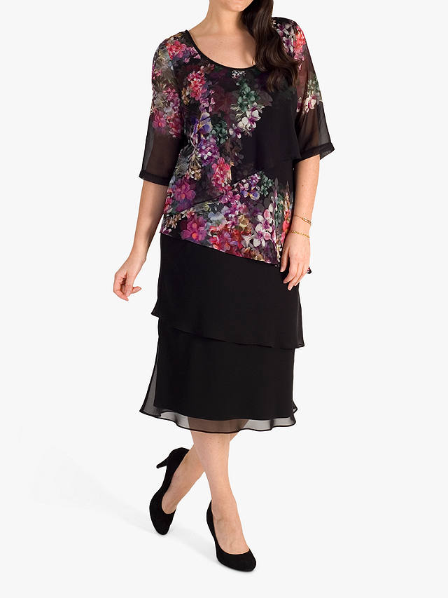 chesca Floral Print Layered Chiffon Dress, Black/Grape