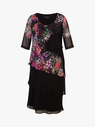 chesca Floral Print Layered Chiffon Dress, Black/Grape