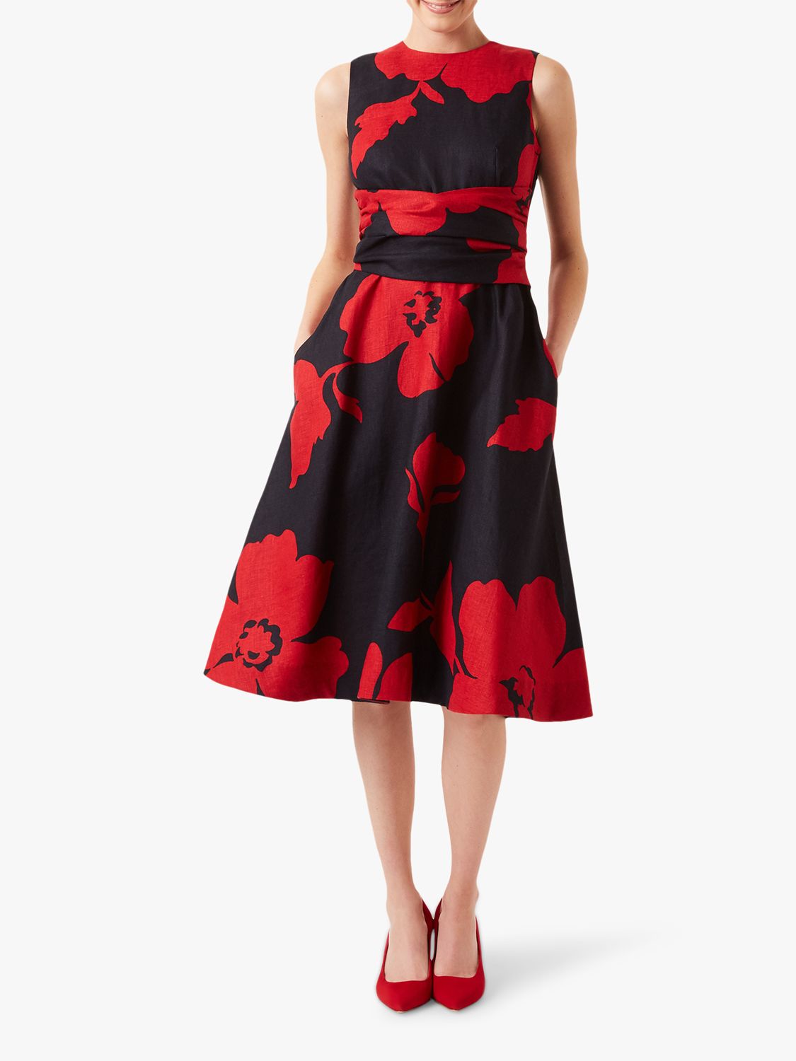 Hobbs Linen Twitchill Dress, Navy/Red