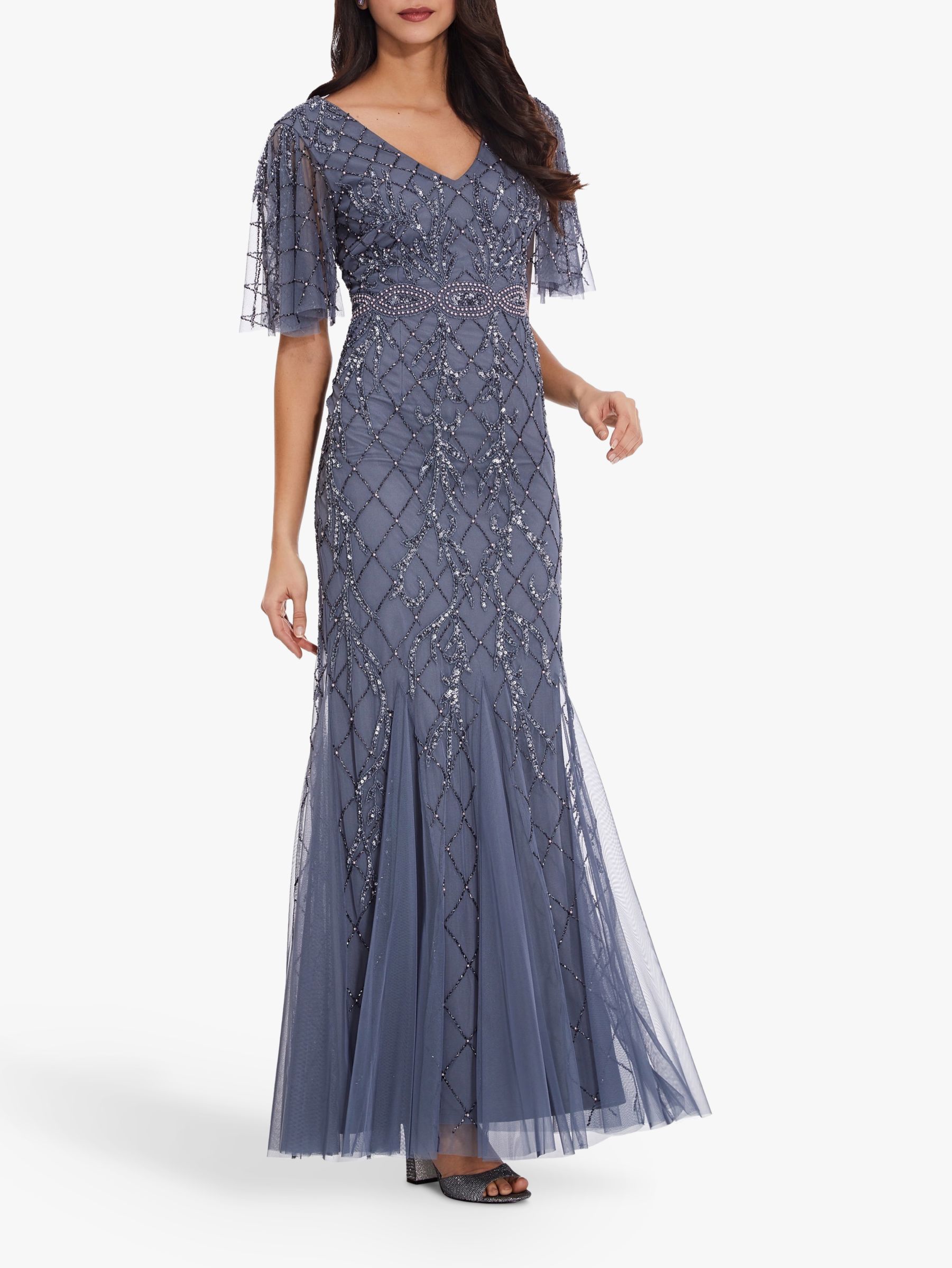 Adrianna Papell Covered Bead Gown, Dusty Blue at John Lewis & Partners
