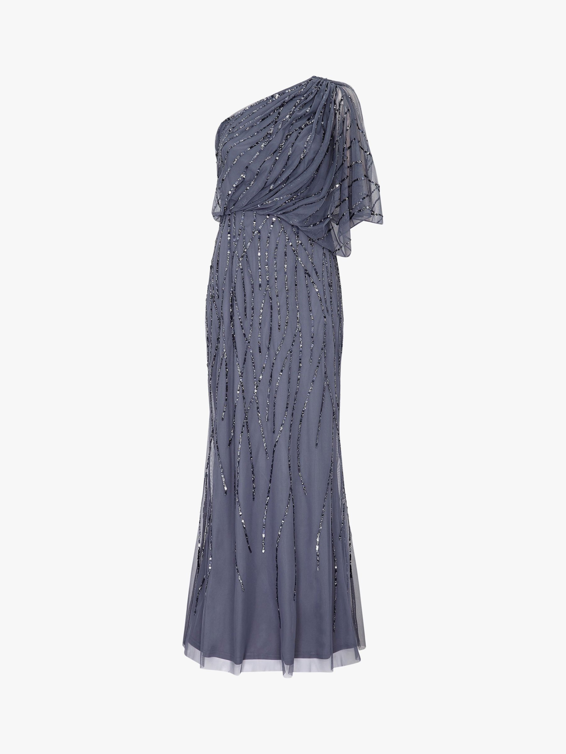 Adrianna Papell One Shoulder Long Beaded Dress Dusty Blue 6