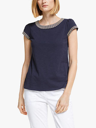 Boden Sena Embroidered Jersey Top, Navy/Gold