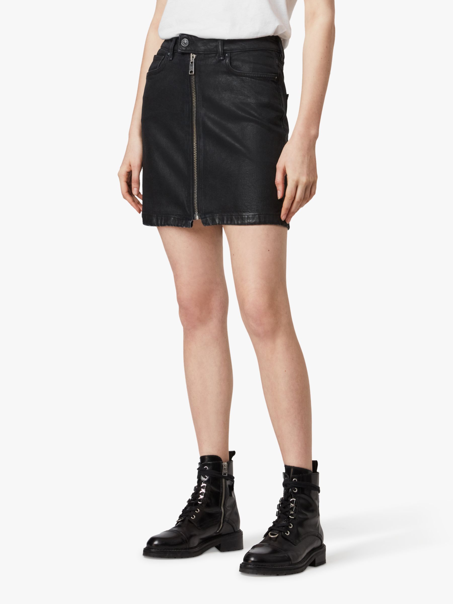 AllSaints Sammy Denim Zip Front Mini Skirt, Coated Black at John Lewis ...