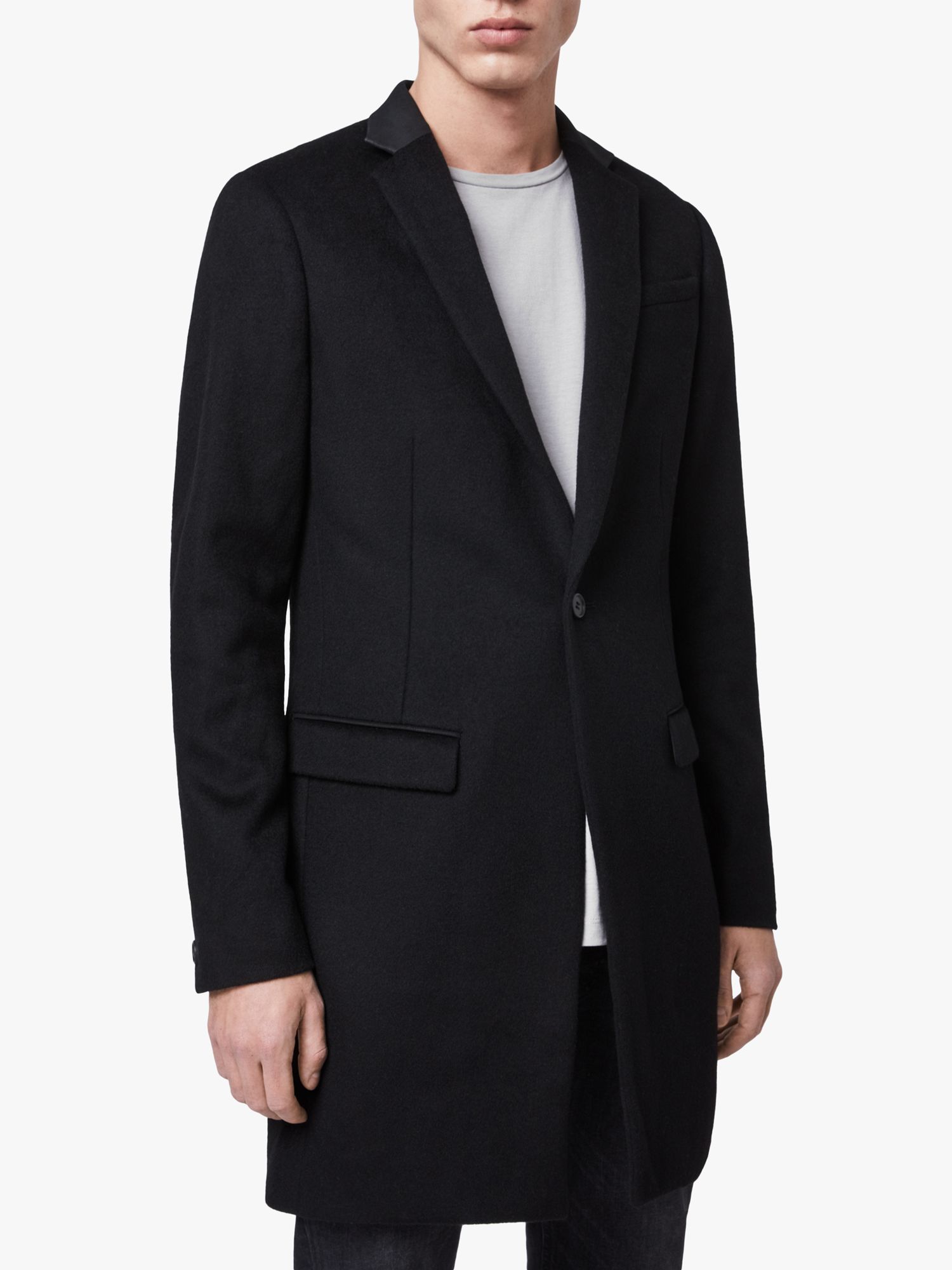 AllSaints Standen Wool Leather Collar Coat, Black