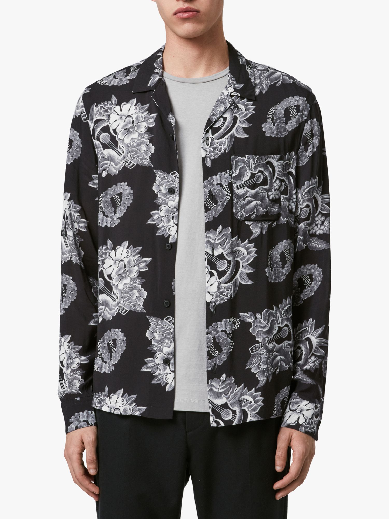 AllSaints Garland Camp Collar Shirt, Black at John Lewis & Partners