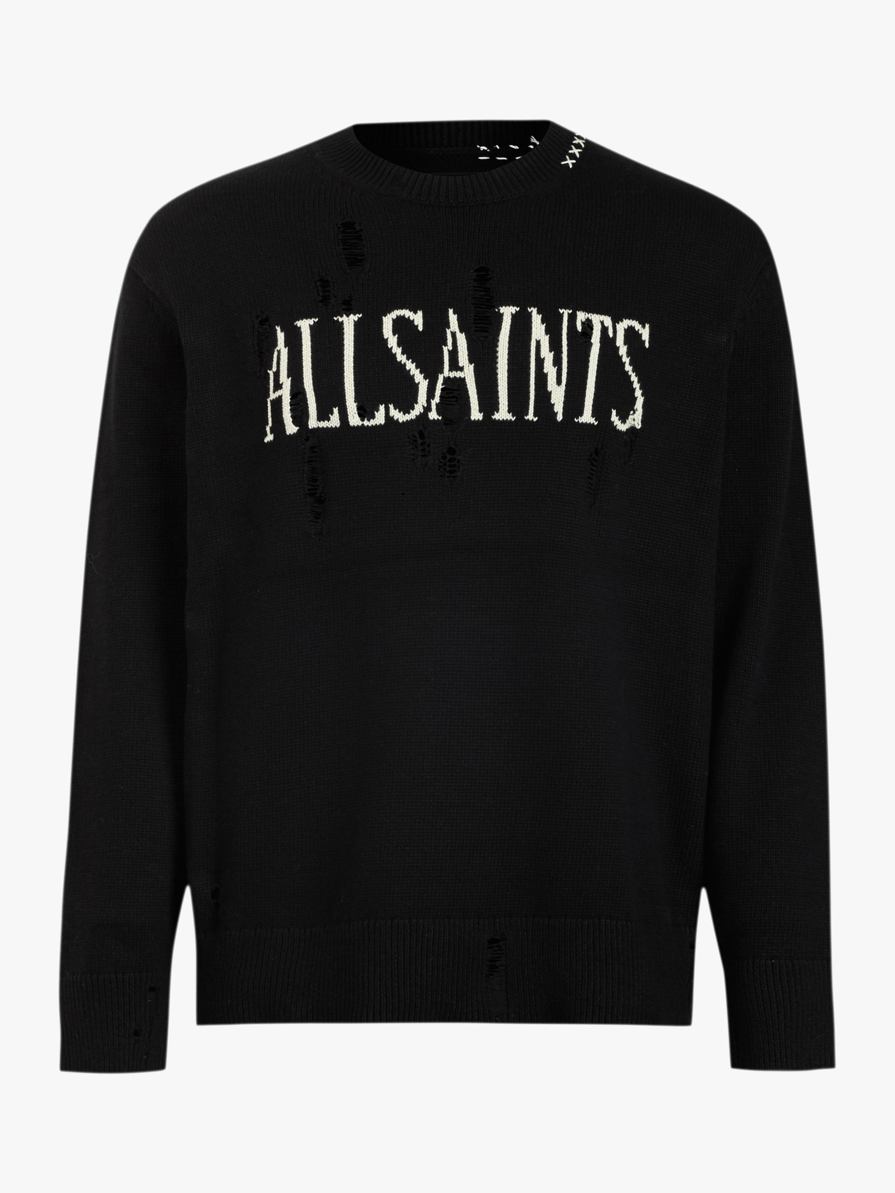 AllSaints Destroy Saints Distressed Knit Jumper, Black at John Lewis ...