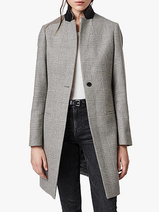 AllSaints Leni Check Coat, Light Grey/Ecru