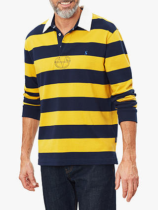 Joules Onside Long Sleeve Stripe Rugby Polo Shirt, Navy/Gold/Stripe