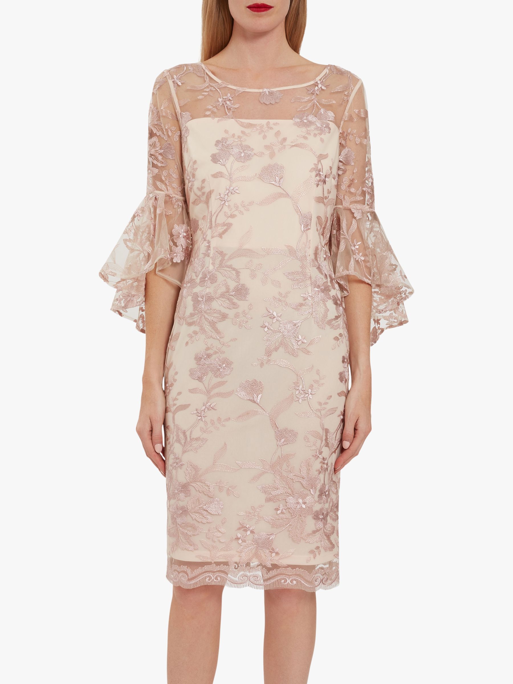 Gina Bacconi Graciana Floral Embroidery Crepe Dress, Nude Pink