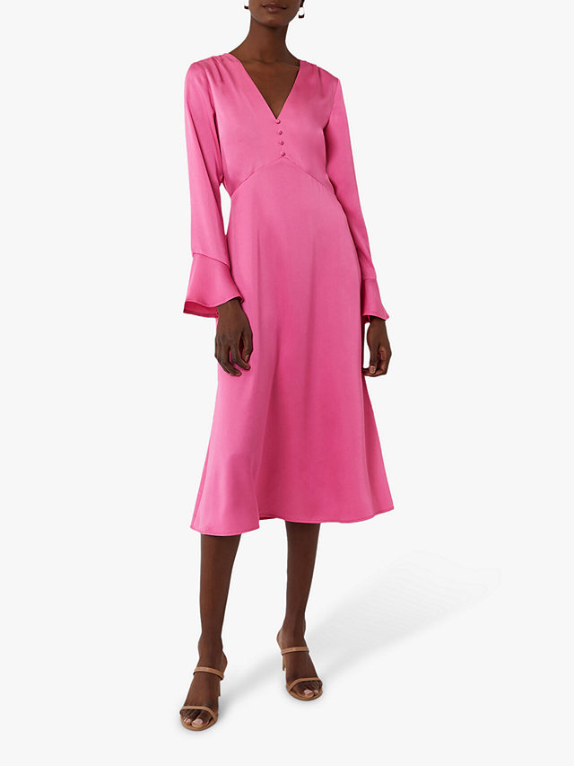 Warehouse Satin Button Front Midi Dress, Bright Pink, 6