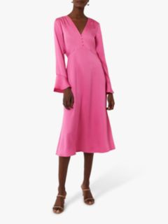 Warehouse Satin Button Front Midi Dress, Bright Pink, 12