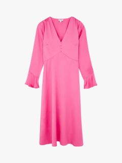 Warehouse Satin Button Front Midi Dress, Bright Pink, 12