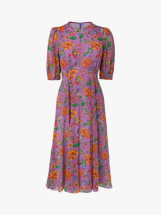 L.K.Bennett Garland 1940s Floral Print Silk Dress, Purple