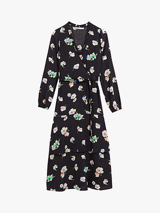 Oasis Floral Wrap Midi Dress, Black/Multi