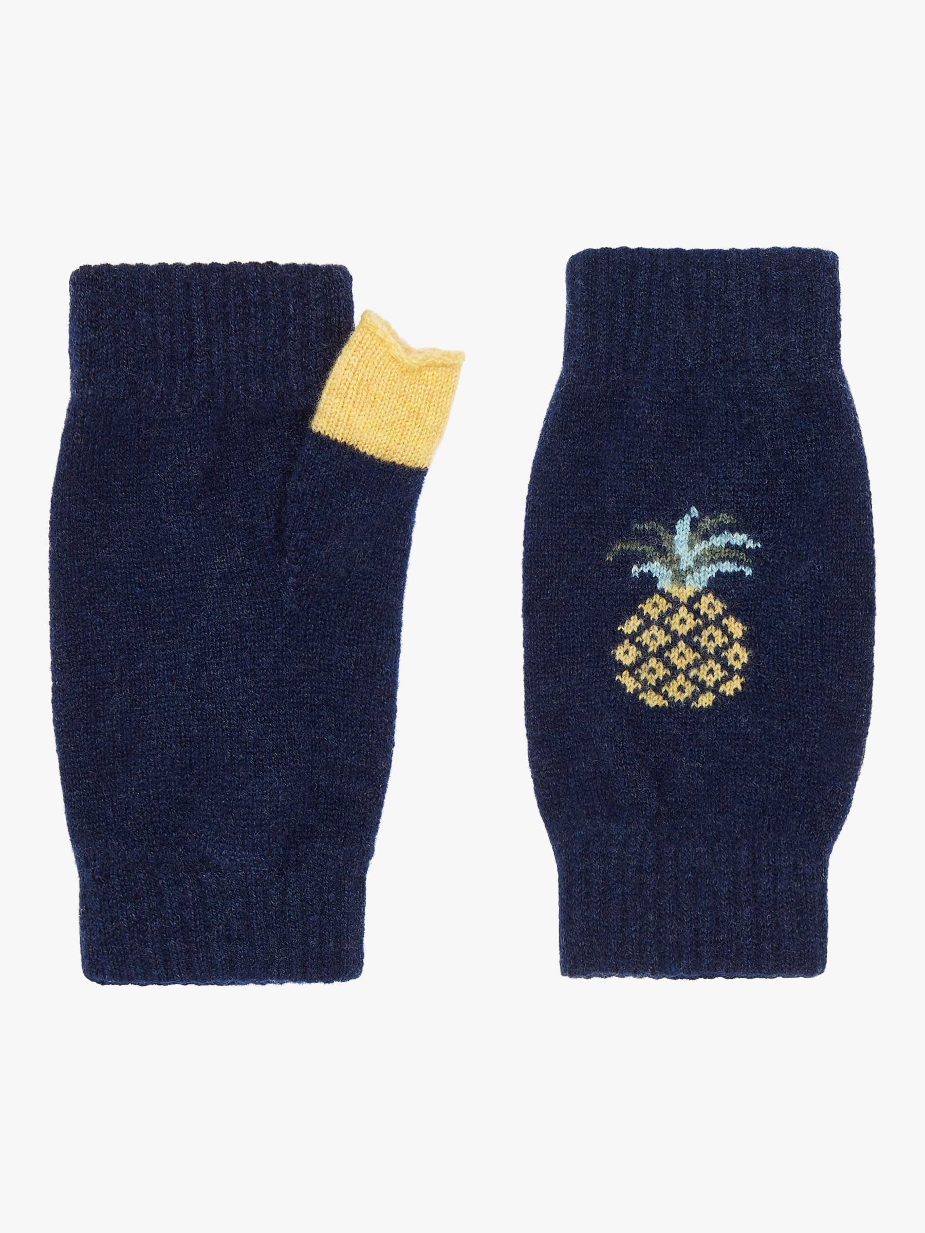 Brora Cashmere Pineapple Wrist Warmer Gloves, French Navy