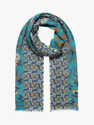 Brora Wool Patchwork Floral Stole Scarf, Ocean/Maize