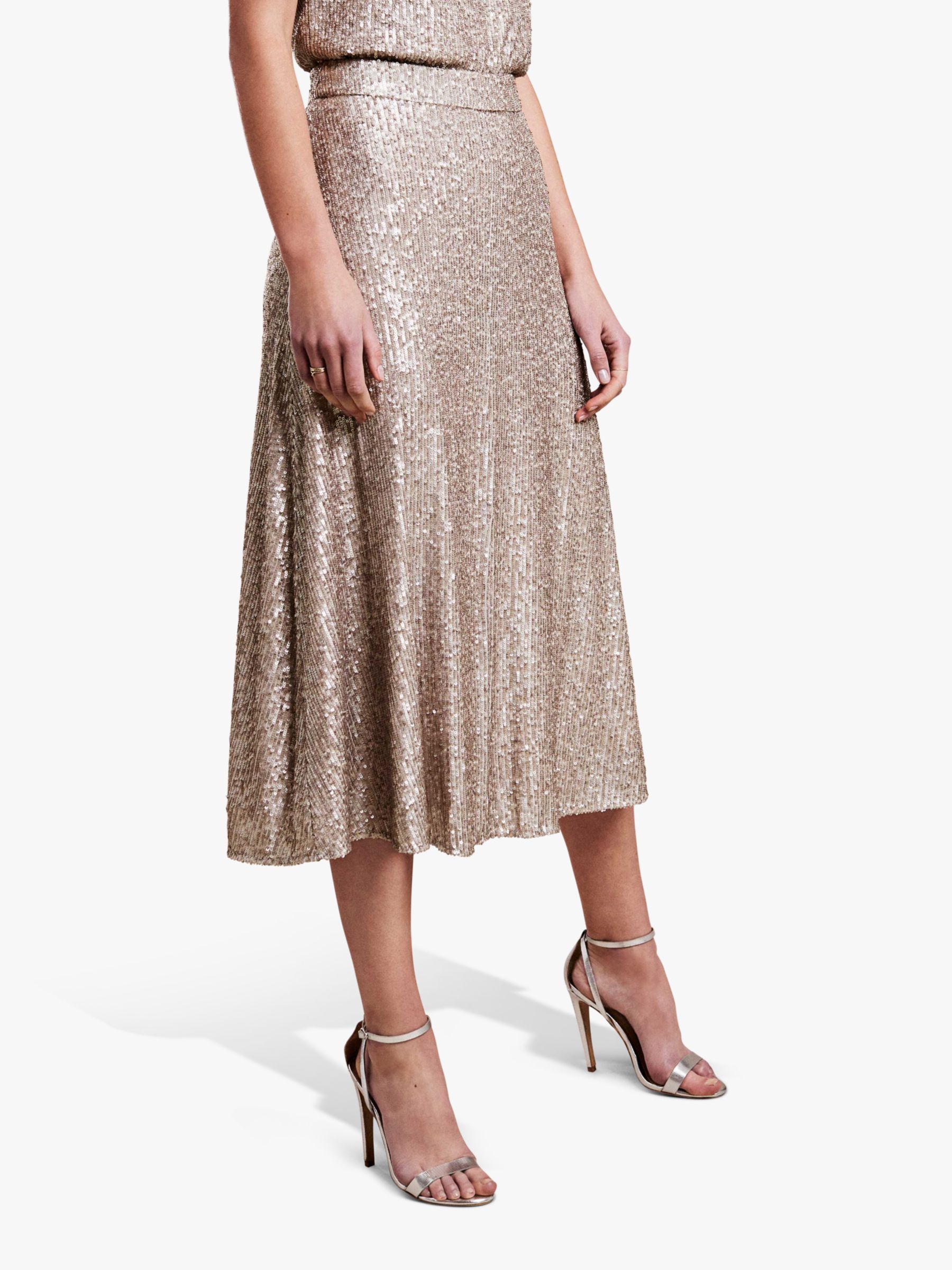 Pure Collection Sequin Midi Skirt, Antique Gold at John Lewis & Partners
