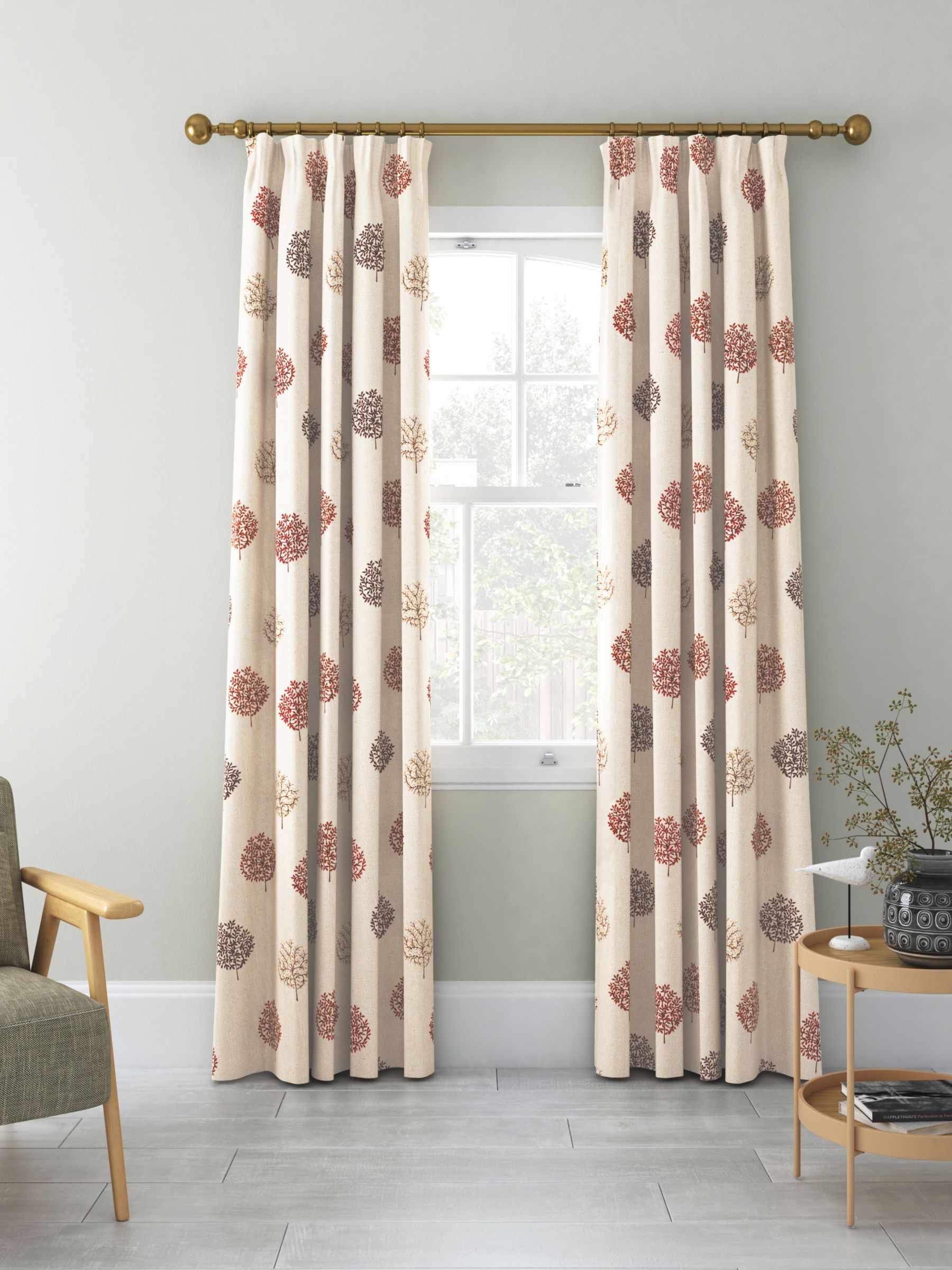 John Lewis & Partners Mini Olive Trees Pair Lined Pencil Pleat Curtains