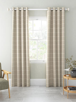 John Lewis & Partners Check Pair Lined Eyelet Curtains, Putty, W167 x Drop 137cm