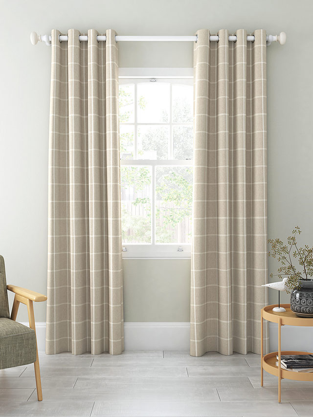 John Lewis Check Pair Lined Eyelet Curtains, Putty, W167 x Drop 137cm