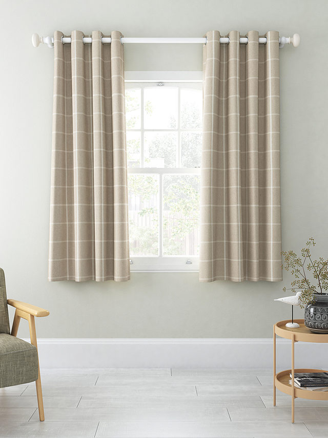 John Lewis Check Pair Lined Eyelet Curtains, Putty, W167 x Drop 137cm