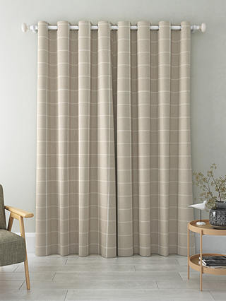 John Lewis & Partners Check Pair Lined Eyelet Curtains, Putty, W167 x Drop 137cm