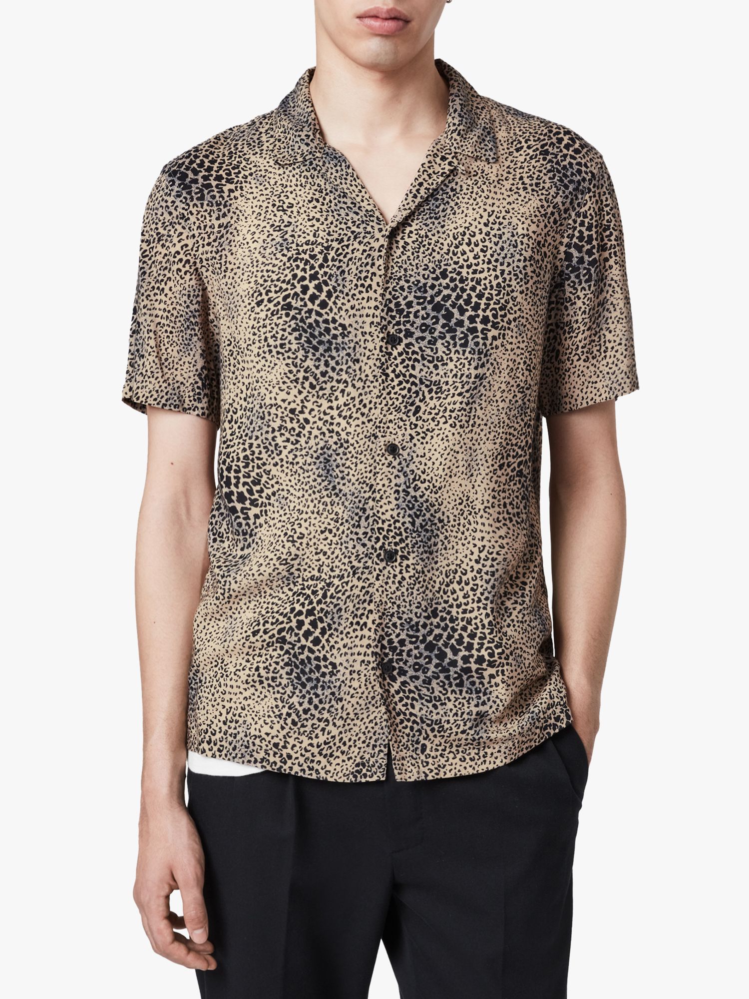 AllSaints Diffusion Short Sleeve Leopard Print Shirt, Brown/Black