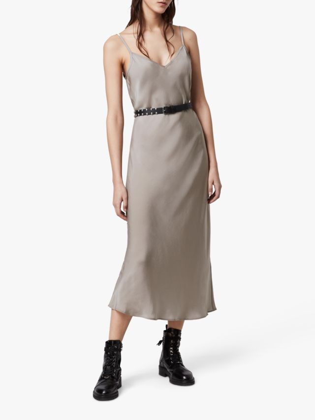 AllSaints Tierney Slip Midi Dress, Pearl Grey, XS