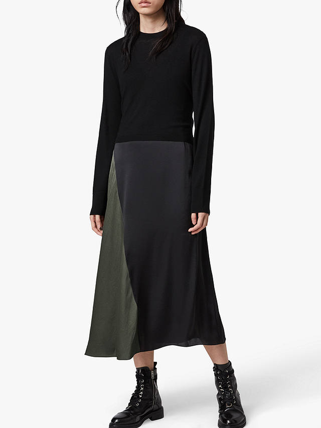 AllSaints Ageta 2-in-1 Midi Dress, Black/Khaki at John Lewis & Partners