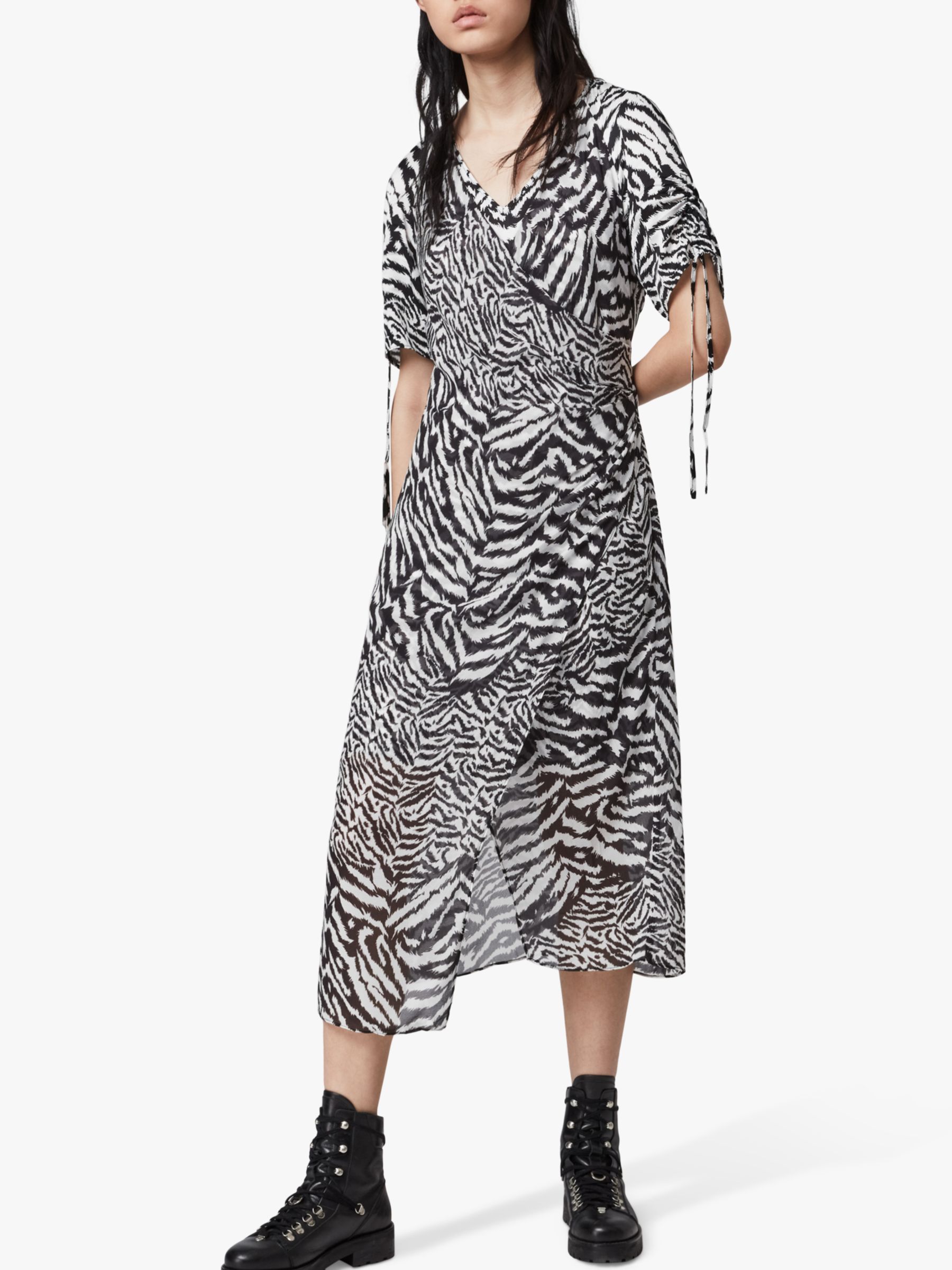 AllSaints Carla Remix Zebra Print Midi Dress, Chalk White