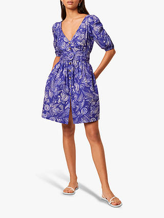 French Connection Besima Poplin Leaf Print Belted Dress, Clement Blue/Multi
