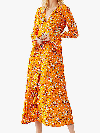 Ghost Flori Floral Print V-Neck Midi Dress, Yellow/Multi