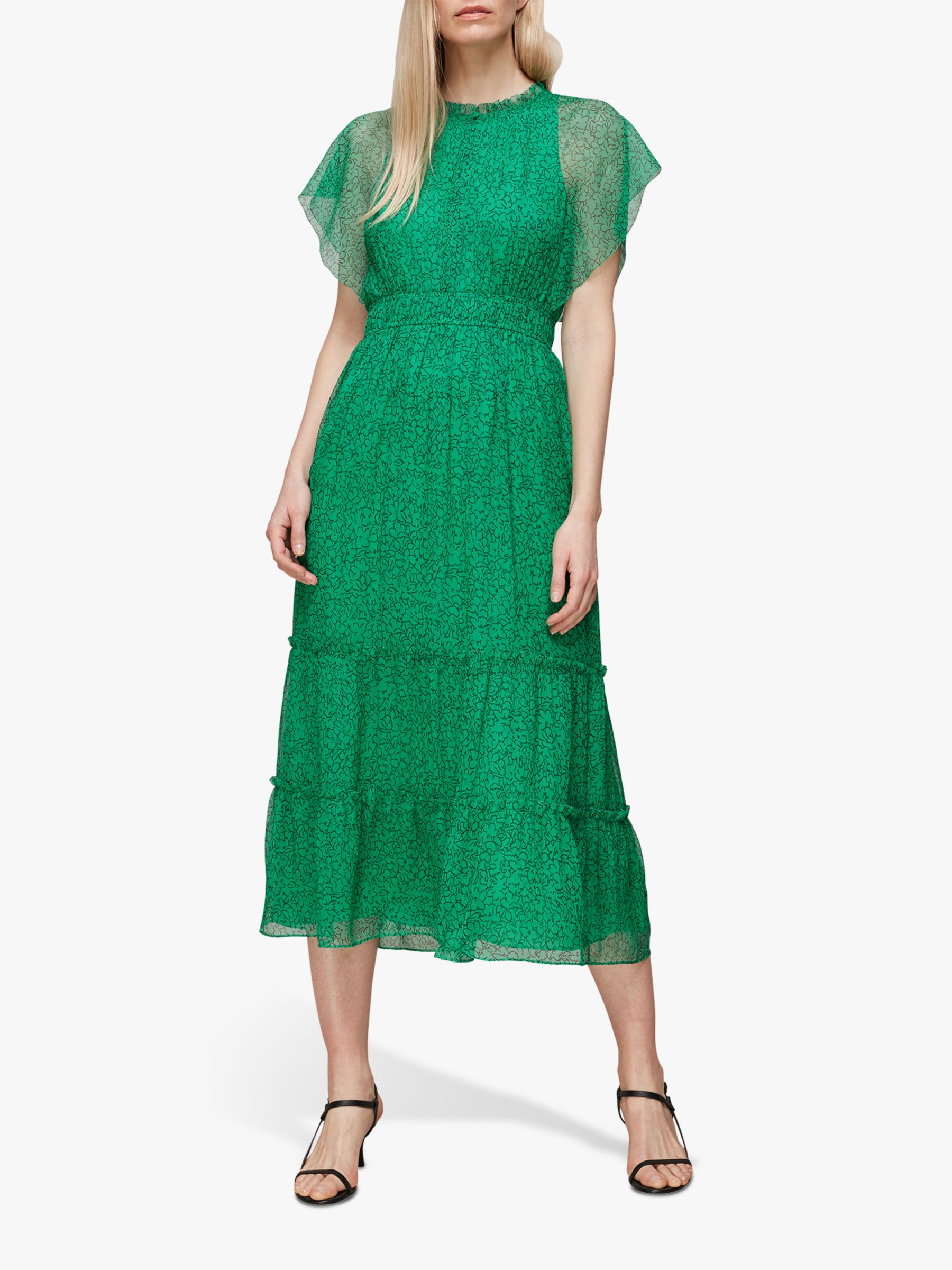 Whistles Sketched Floral Frill Midi Dress, Green/Multi at John Lewis ...