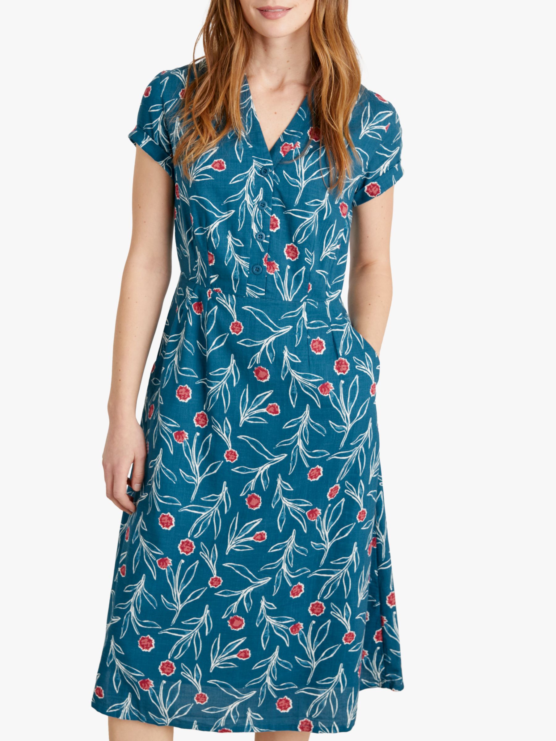 Seasalt Pencil Box Short Sleeve Floral Print Midi Dress, Thrift Waterscape