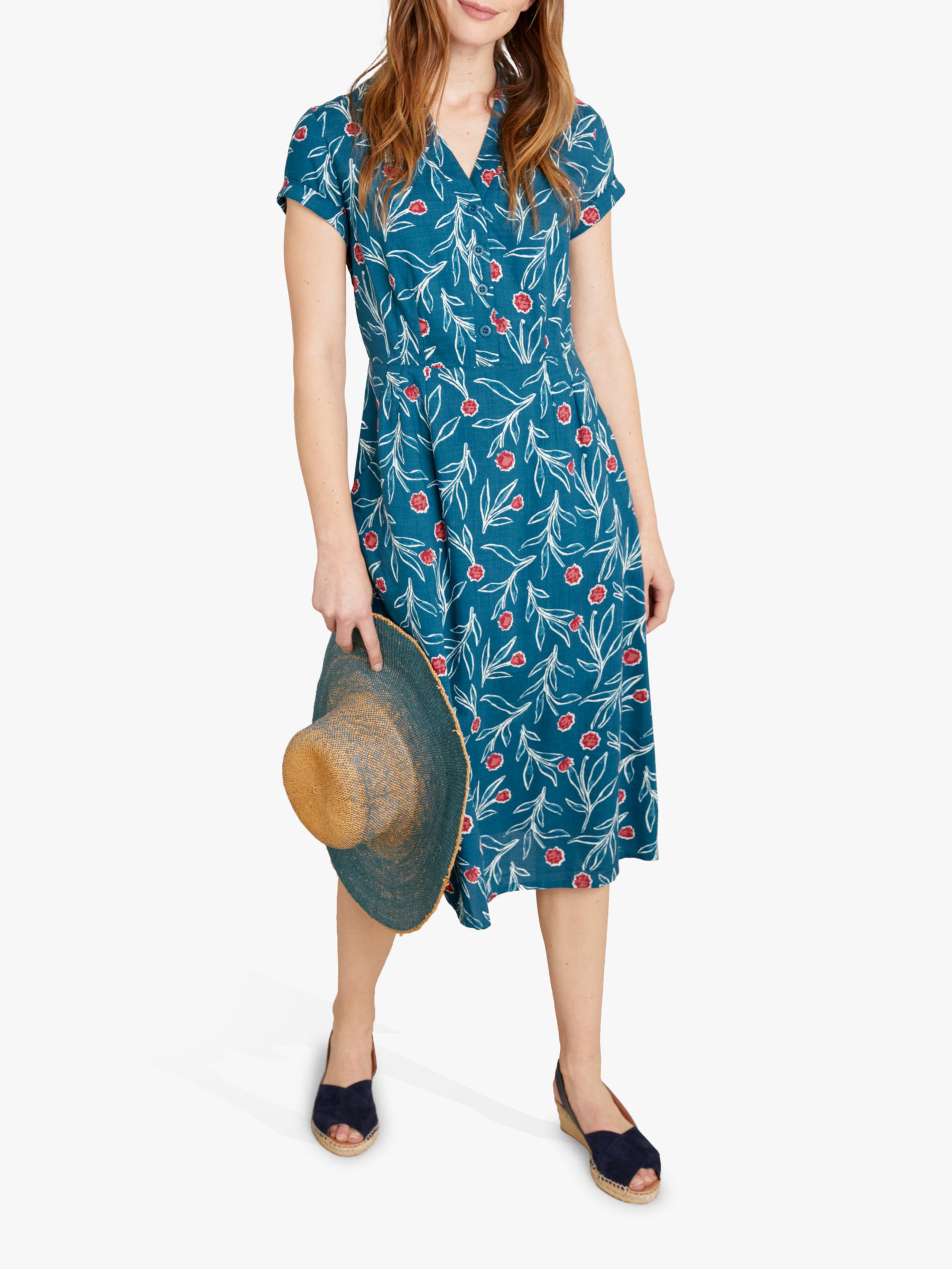 Seasalt Pencil Box Short Sleeve Floral Print Midi Dress, Thrift Waterscape