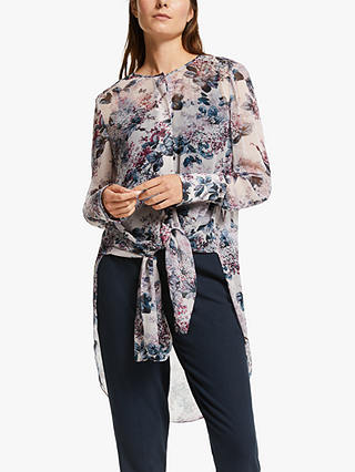 John Lewis Winter Blossom Archive Print Tie Front Tunic Top, Pink/Multi