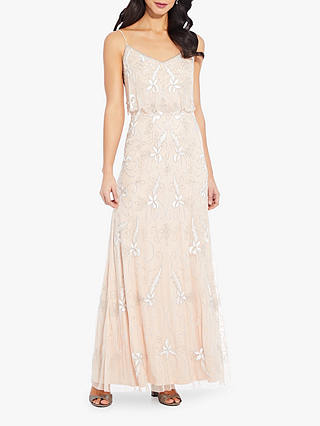 Adrianna Papell Long Beaded Floral Dress, Champagne Sand